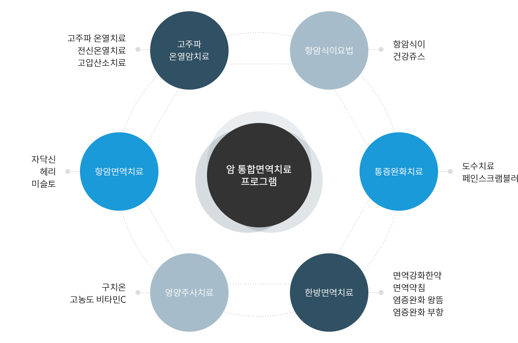 암 통합면역치료 프로그램
1.항암식이요법 - 항암식이 건강쥬스
2.통증완화치료 - 도수치료 페인스크램블러
3.한방면역치료 - 면역강화한약, 면역약침, 염증완화 왕뜸, 염증완화 부항
4.영양주사치료 - 구치온 고농도 비타민C
5.항암면역치료 - 자닥신, 헤리, 미슬토
6.고주파 온열암치료 - 고주파 온열치료, 전신온열치료, 고압산소치료