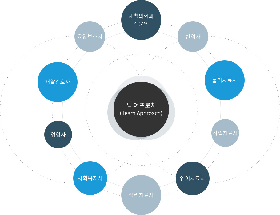 팀 어프로치(Team Approach)
                        1.재활의학과 전문의 
                        2.한의사
                        3.물리치료사
                        4.작업치료사
                        5.언어치료사
                        6.심리치료사
                        7.사회복지사
                        8.영양사
                        9.재활간호사
                        10.요양보호사