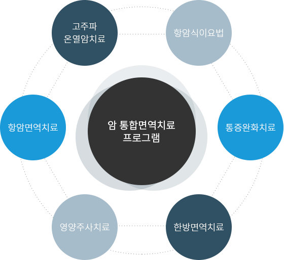암 통합면역치료 프로그램
                        1.고주파 온열암치료
                        2.항암면역치료
                        3.통증완화치료
                        4.영양주사치료 
                        5.한방면역치료
                        6.항암식이요법